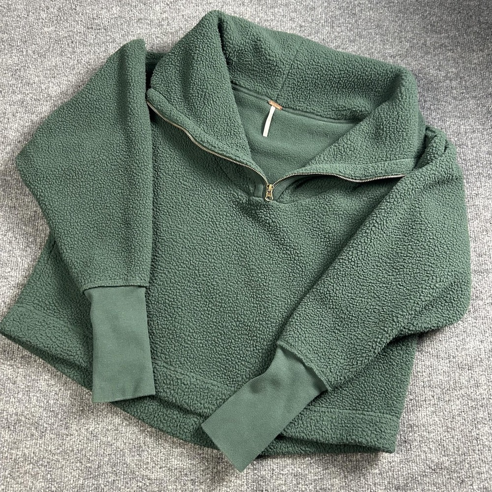 Free People Pullover Sweater Womens Large Green Fleece 1/4 Zip Mock Neck Cozy